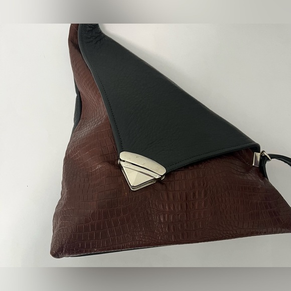 Thomas Leathers Asymmetric Angle Black & Brown Crossbody Handbag Croc Emboss - Picture 6 of 13